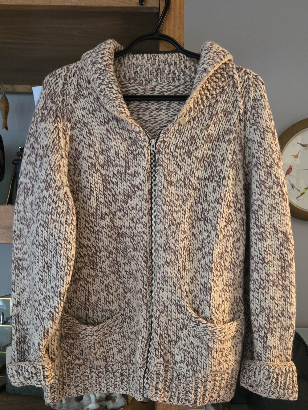 Knit Zip-Front Hooded Jacket - Cream & Brown